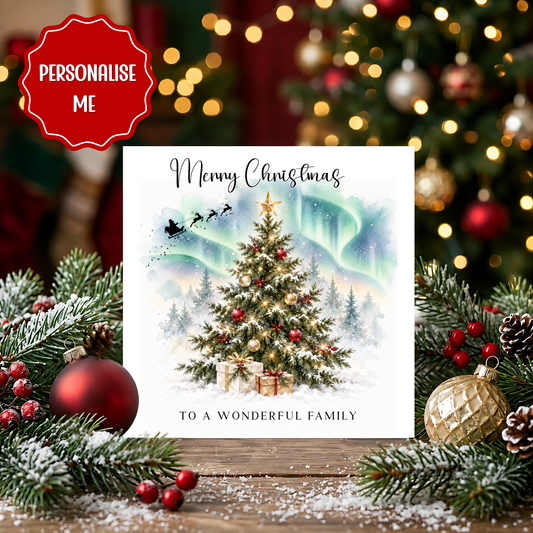 Personalised Family Christmas Card, Wonderful Family Xmas Card, Northern Lights Christmas Tree Card, Custom Family Christmas Card