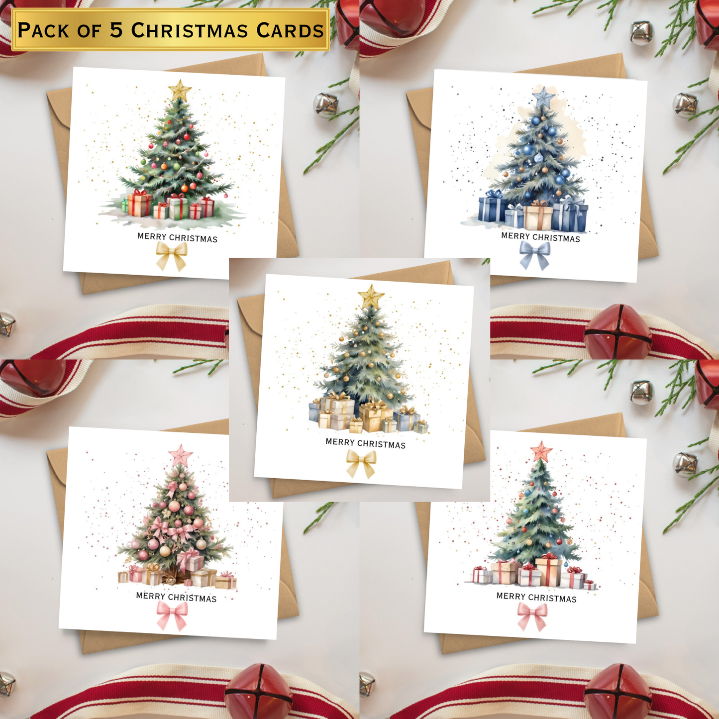 Christmas Card Multipack – Set of 5 Luxury Tree Designs | Festive Cards | Christmas Tree Cards | Merry Christmas Cards