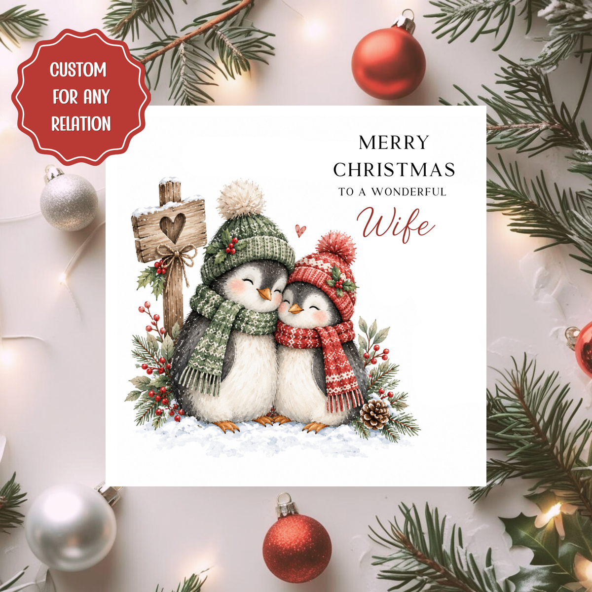 Personalised Wife Christmas Card, Cute Penguin Couple Xmas Card, Custom Card for Any Relation, Romantic Festive Card