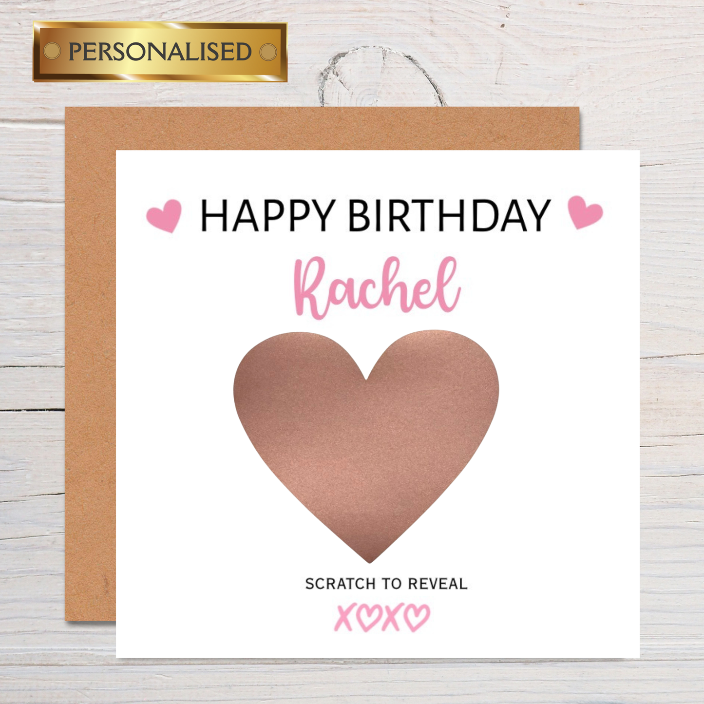 Personalised Pink Heart "Scratch to Reveal" Card — Hidden Message Scratch-Off Greeting Card for Any Occasion (Custom Name, Relation)