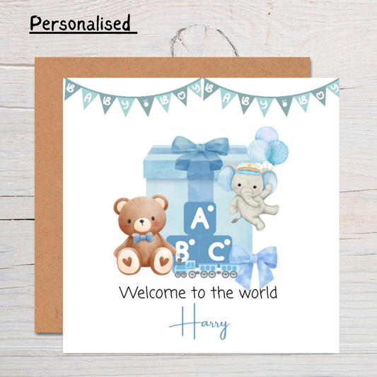 Personalised New Baby Boy Card: Welcome to the World