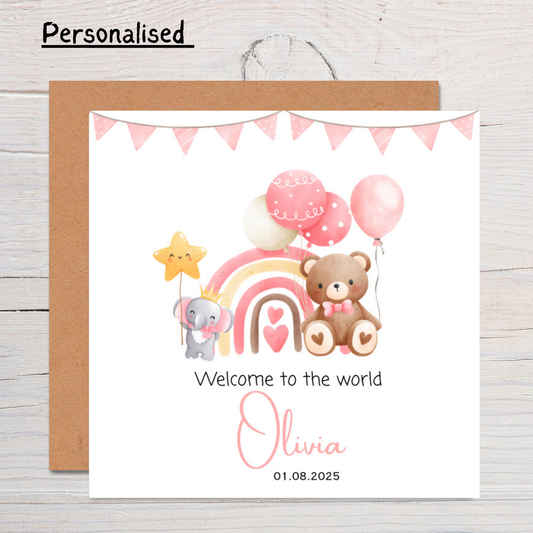 Personalised New Baby Girl Card: Welcome to the World