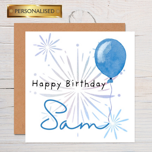 Personalised Birthday Card with Blue Balloon & Fireworks – Custom Name Greeting Card