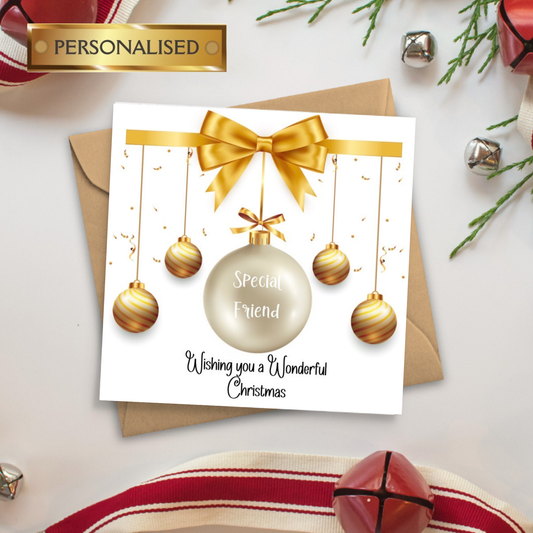 Personalised Christmas Card: Gold Bauble Custom name or relation