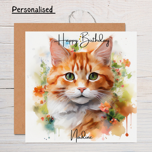 Personalised Birthday Card with Cute Ginger Cat