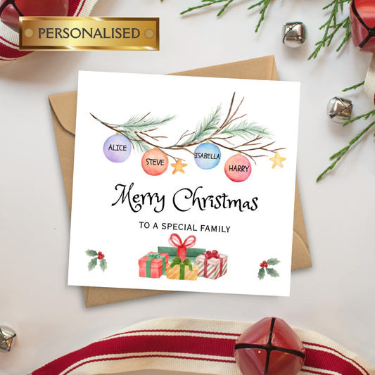 Personalised Family Christmas Card – Custom Names Bauble Design – Special Family Holiday Greeting