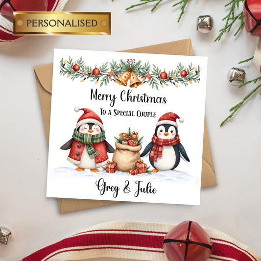 Personalised Christmas Card for Couple – Cute Penguin Design – Custom Names – Festive Holiday Greeting Card