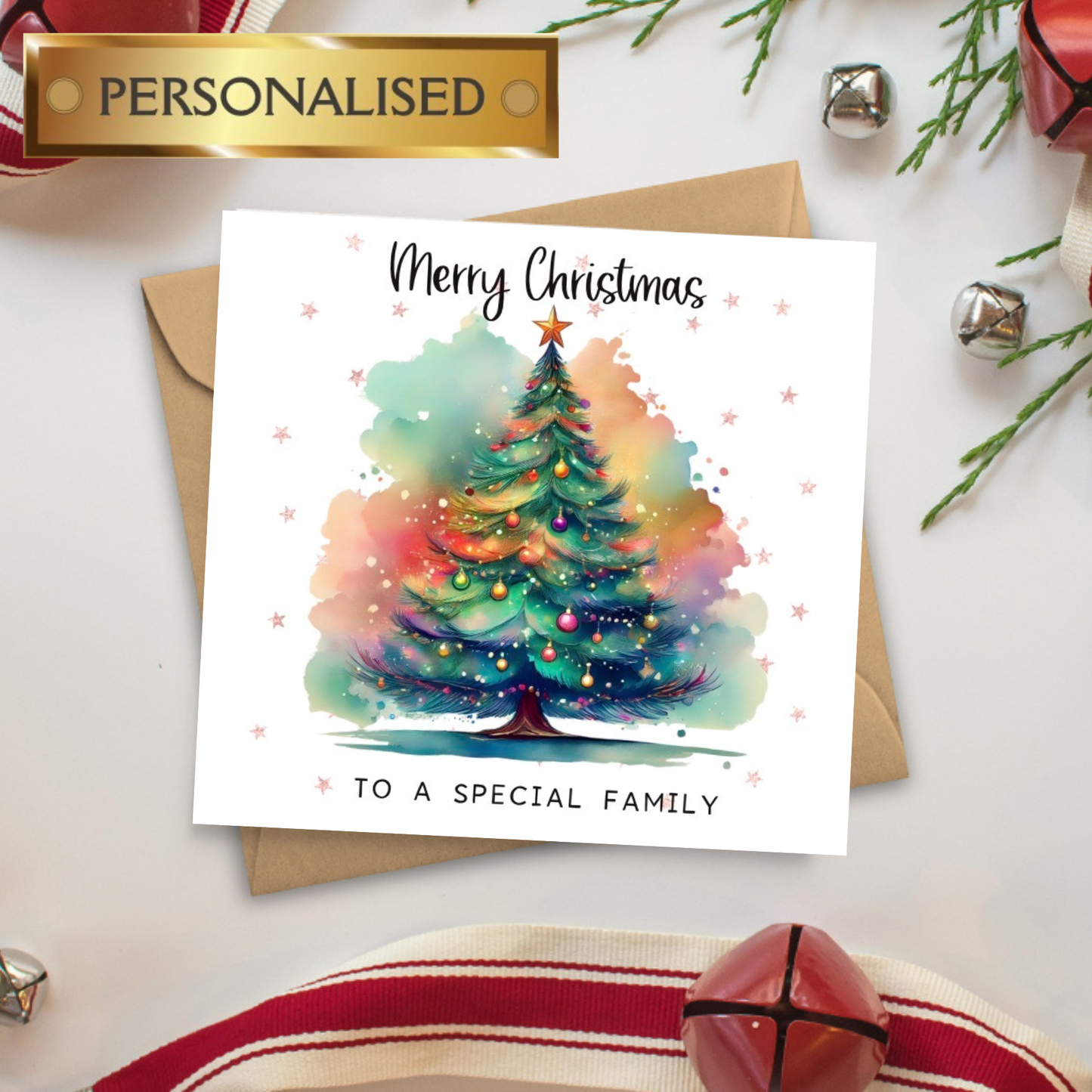 Personalised Christmas Card for a Special Family | Custom Family Christmas Tree Card | Festive Holiday Greeting | Watercolour Design