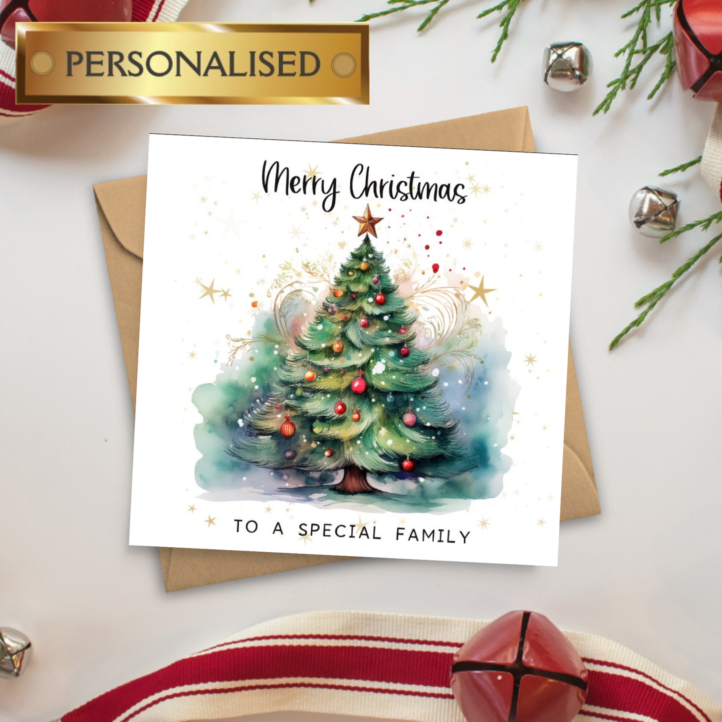 Personalised Christmas Card for a Special Family | Custom Family Christmas Tree Card | Festive Holiday Greeting | Watercolour Design