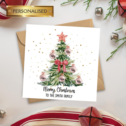 Personalised Family Christmas Card – Custom Names Christmas Tree Card, Special Family Xmas Card, Personalised Red Bauble Tree Card for Families