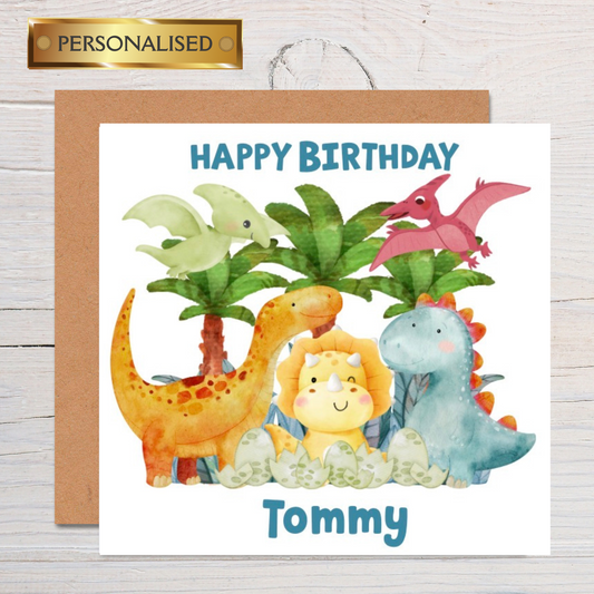 Personalised Dinosaur Birthday Card for Kids – Custom Name Children’s Greeting Card