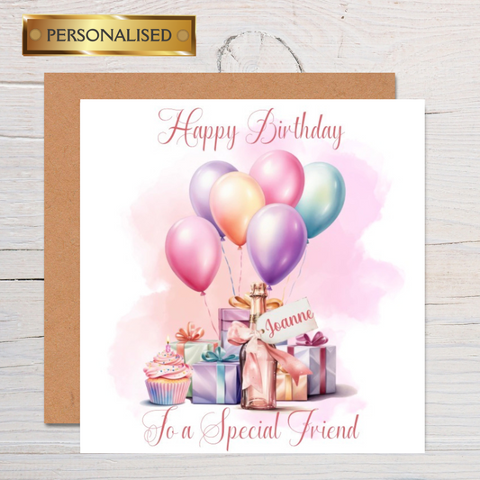 Personalised Birthday Card for a Special Friend or Relation, Custom Name Greeting Card with Balloons, Gifts & Cupcake – Female Birthday Card