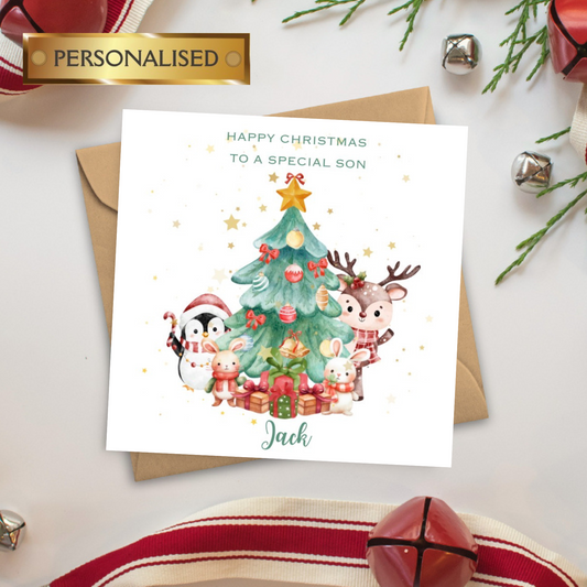 Personalised Christmas Card for any Relation | Cute Animal & Christmas Tree Design | Custom Name Holiday Greeting Card