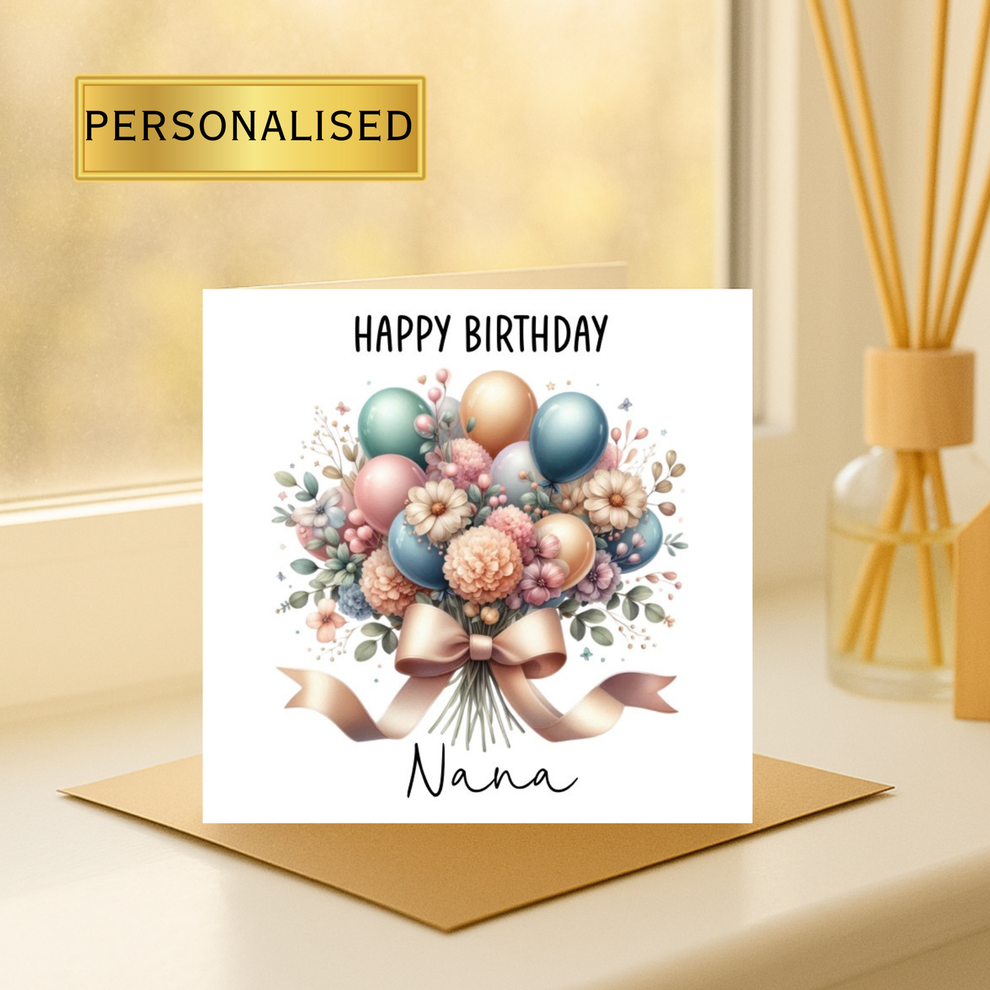 Personalised Happy Birthday Card for her – Floral & Balloon Bouquet Design – Custom Name Birthday Card – Elegant Female Birthday Card