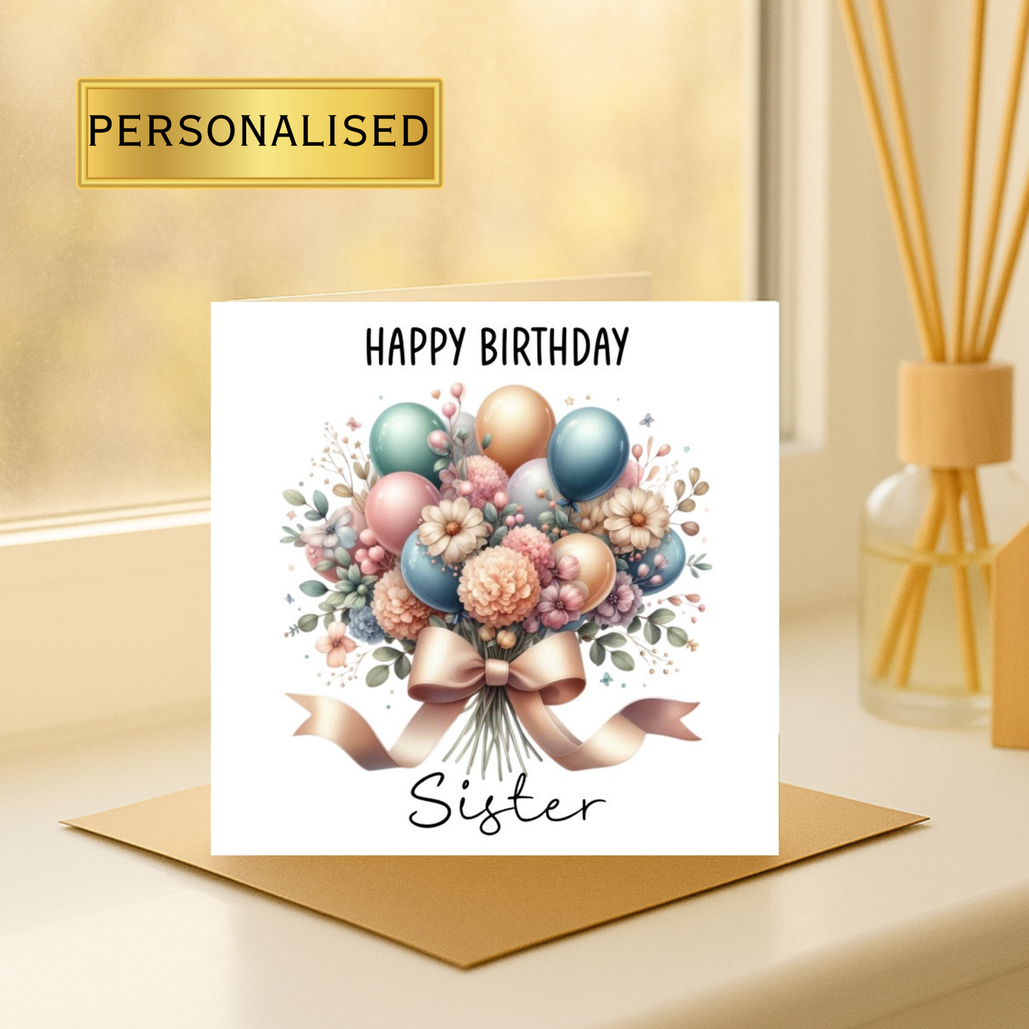 Personalised Happy Birthday Card for her – Floral & Balloon Bouquet Design – Custom Name Birthday Card – Elegant Female Birthday Card