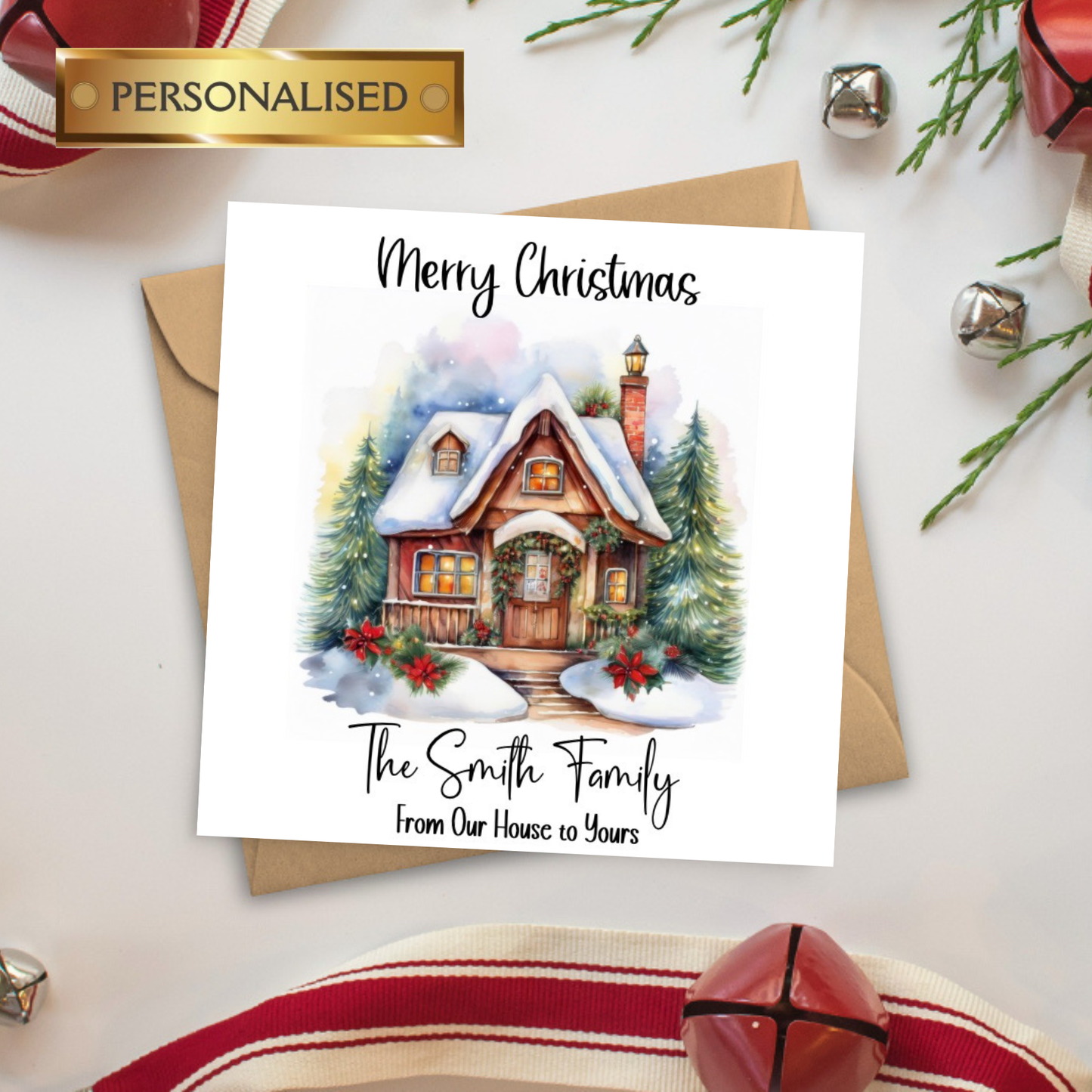 Personalised Family Christmas Card – From Our House to Yours – Custom Name Christmas Card, Cosy Cottage Winter Scene, Holiday Greeting Card