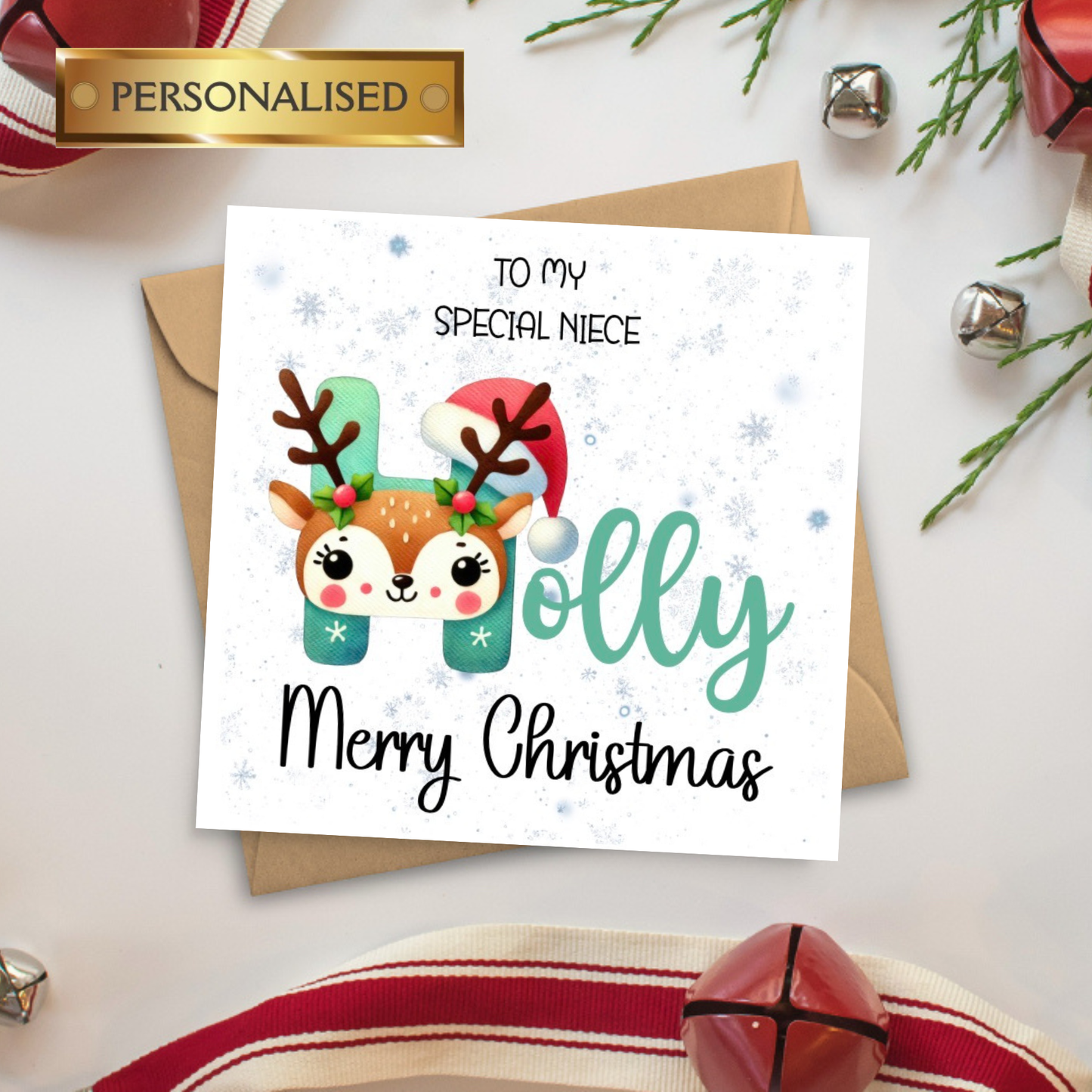 Personalised Children’s Christmas Card – Cute Reindeer Name Card – Custom Relative Card – Kids Christmas Card – Festive Custom Name Card