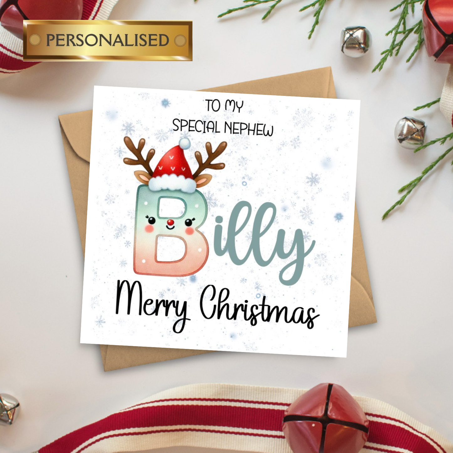 Personalised Children’s Christmas Card – Cute Reindeer Name Card – Custom Relative Card – Kids Christmas Card – Festive Custom Name Card