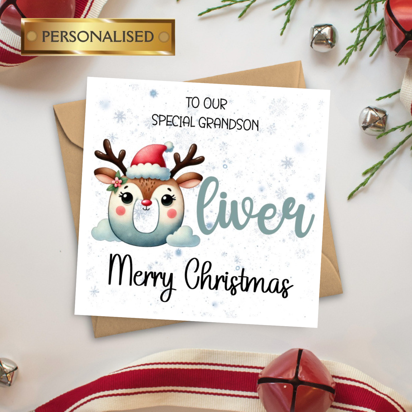 Personalised Children’s Christmas Card – Cute Reindeer Name Card – Custom Relative Card – Kids Christmas Card – Festive Custom Name Card