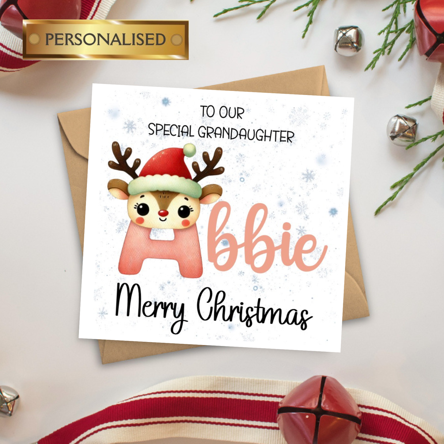 Personalised Children’s Christmas Card – Cute Reindeer Name Card – Custom Relative Card – Kids Christmas Card – Festive Custom Name Card