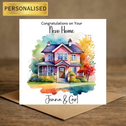 Personalised New Home Card – Custom Name Housewarming Card, Congratulations on Your New Home, Watercolour House Design