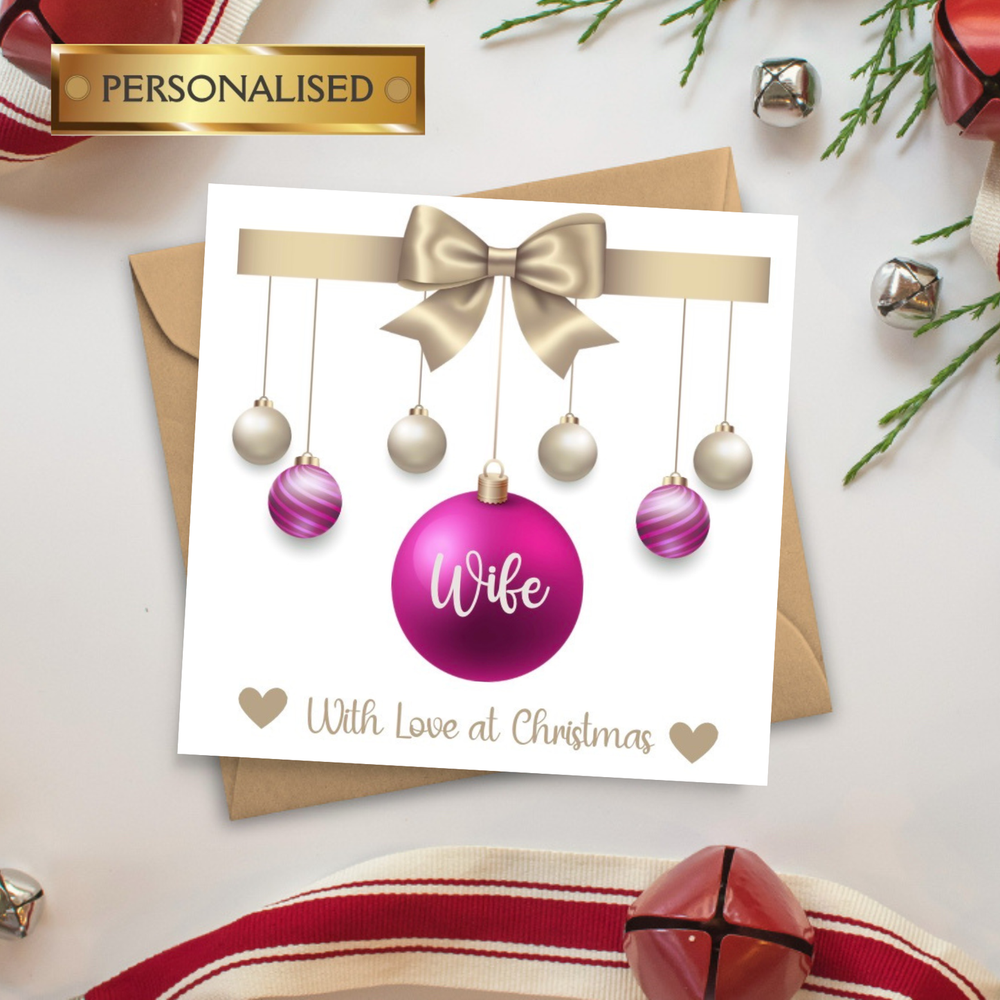 Personalised Christmas Card: Pink Bauble Custom name or relation