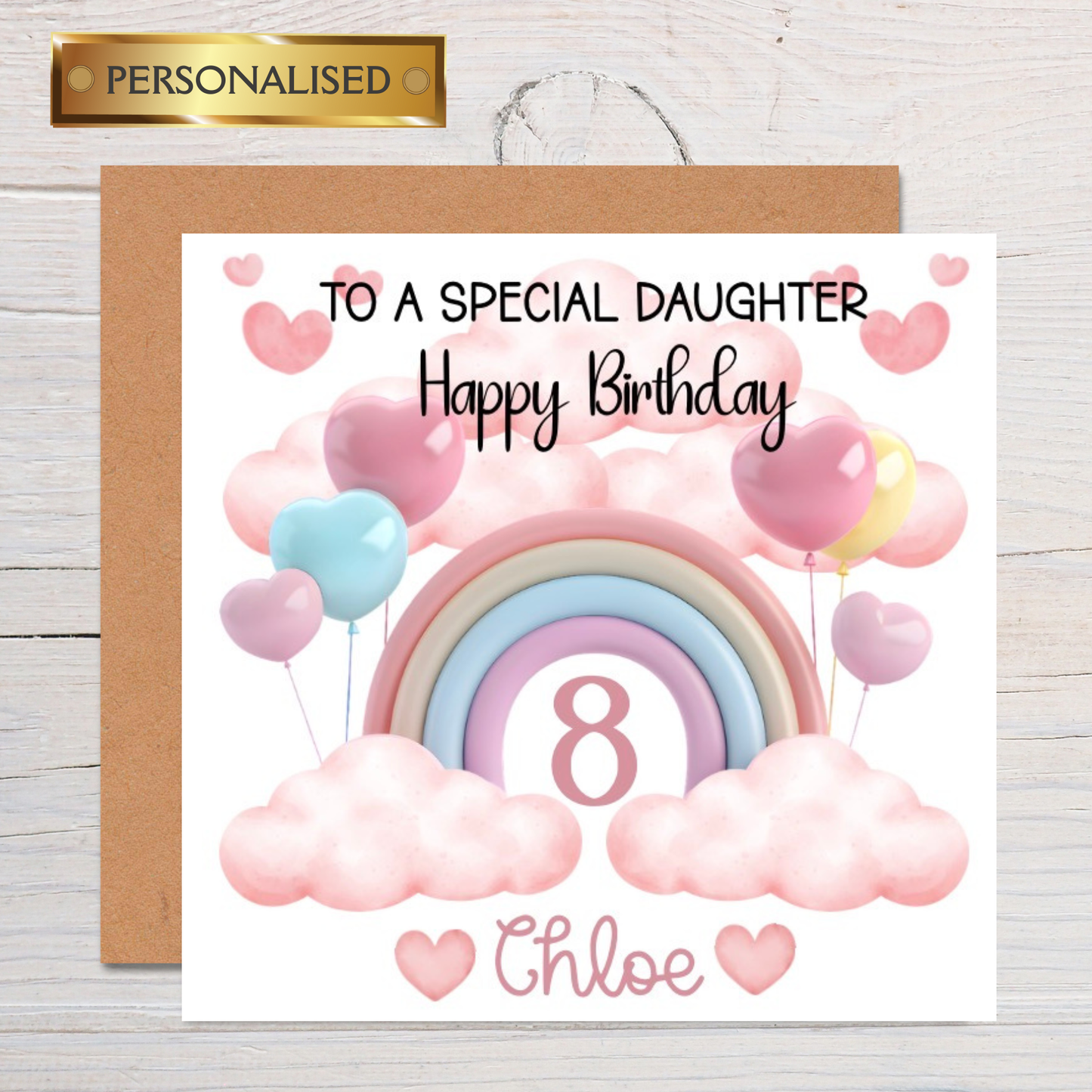 Personalised Girls Birthday Card | Rainbow and Balloons Design | Custom Name & Age | Girls Birthday Card for Daughter, Granddaughter, Her