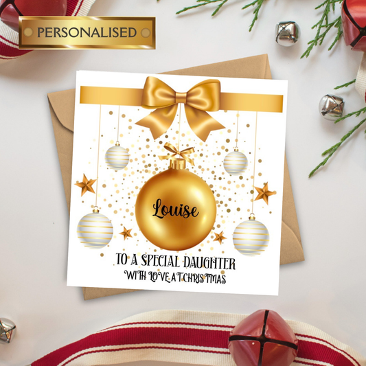 Personalised Christmas Card – Gold Bauble Design | Custom Name Xmas Card | Custom Relative With Love at Christmas
