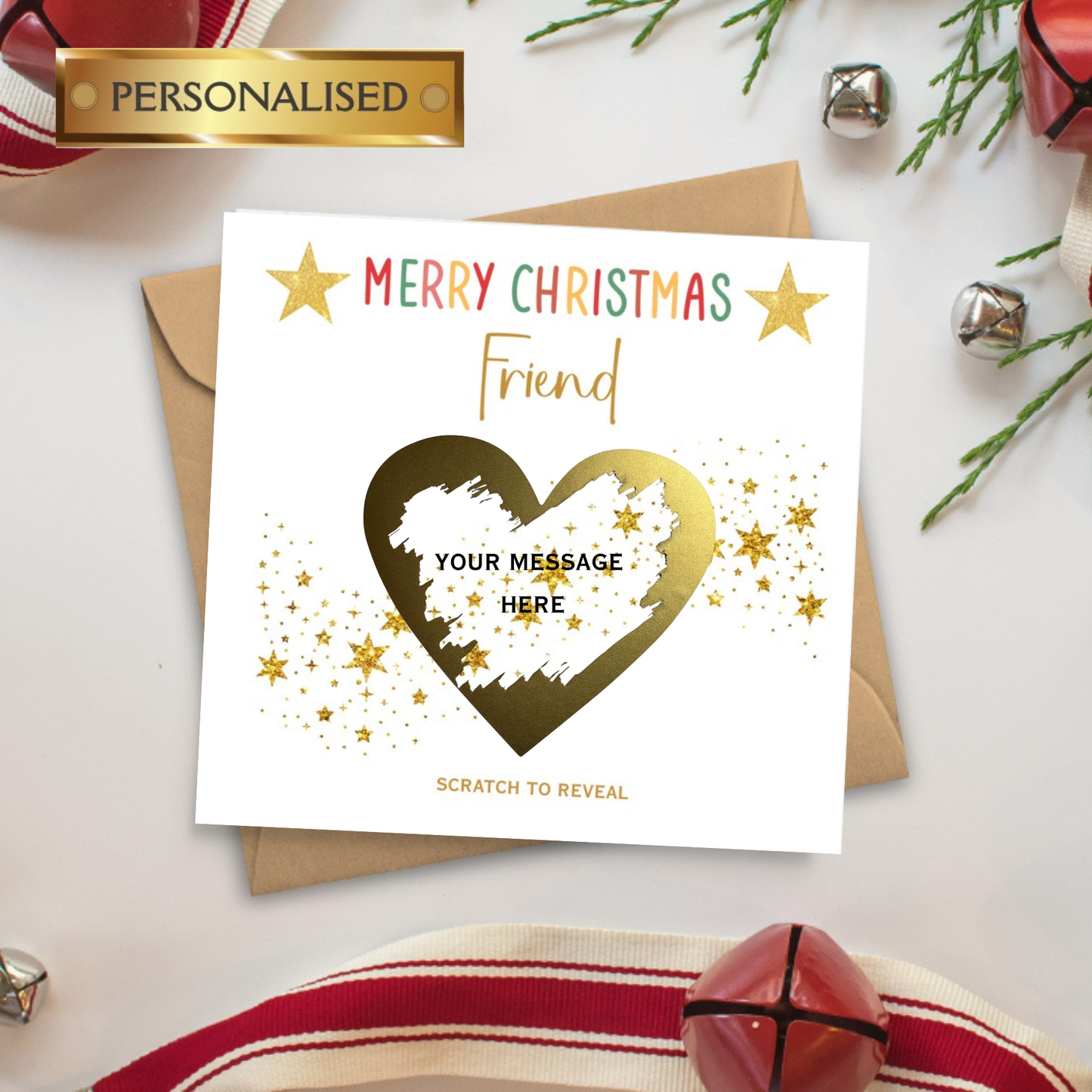 Personalised Scratch to Reveal Christmas Card – Custom Name or Relation | Secret Message Under Gold Heart | Special Christmas Gift Card