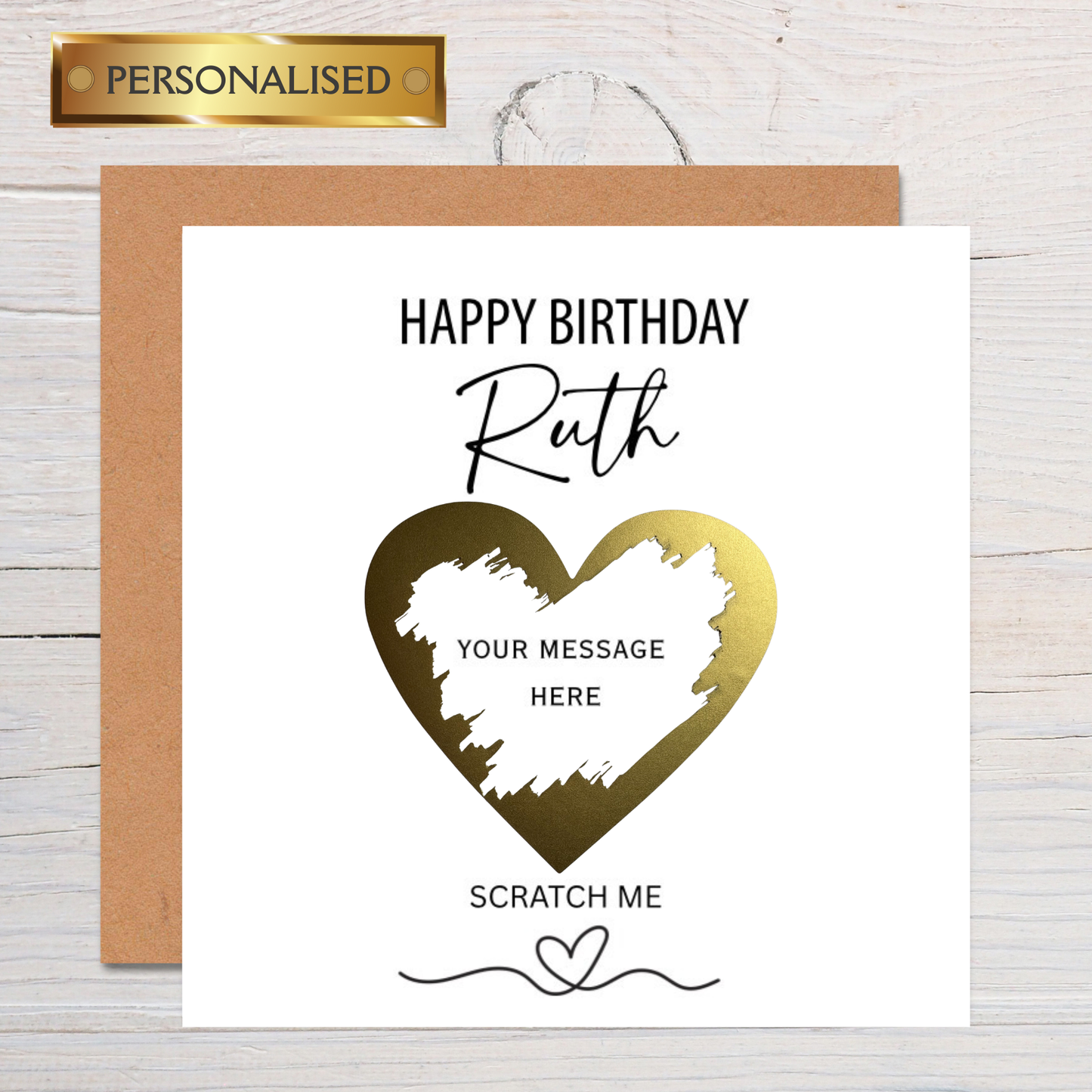 Personalised Gold or Rose Gold Heart "Scratch to Reveal" Card — Hidden Message Scratch-Off Greeting Card for Any Occasion