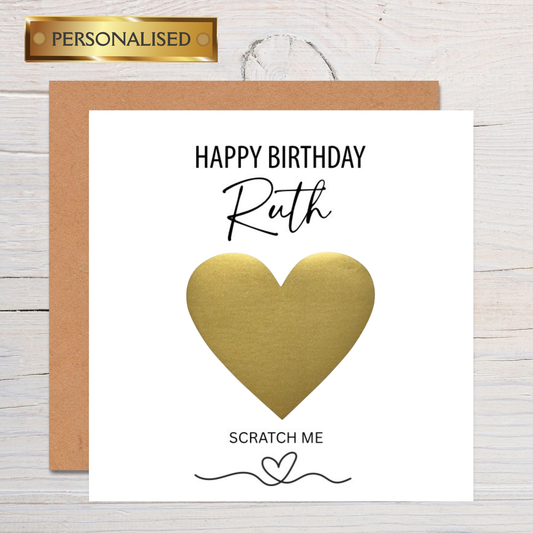 Personalised Gold or Rose Gold Heart "Scratch to Reveal" Card — Hidden Message Scratch-Off Greeting Card for Any Occasion