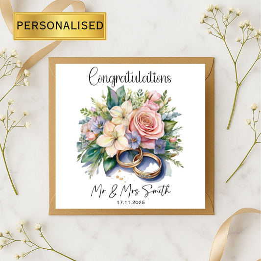 Personalised Wedding Card – Custom Congratulations Card with Names & Date, Floral Wedding Rings Design, Engagement or Marriage Card