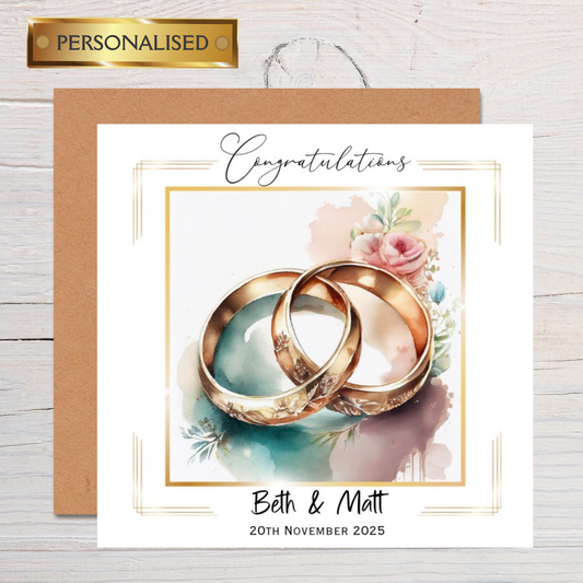 Personalised Wedding or Engagement Card – Custom Names & Date | Elegant Gold Rings Design | Congratulations Card for Couple