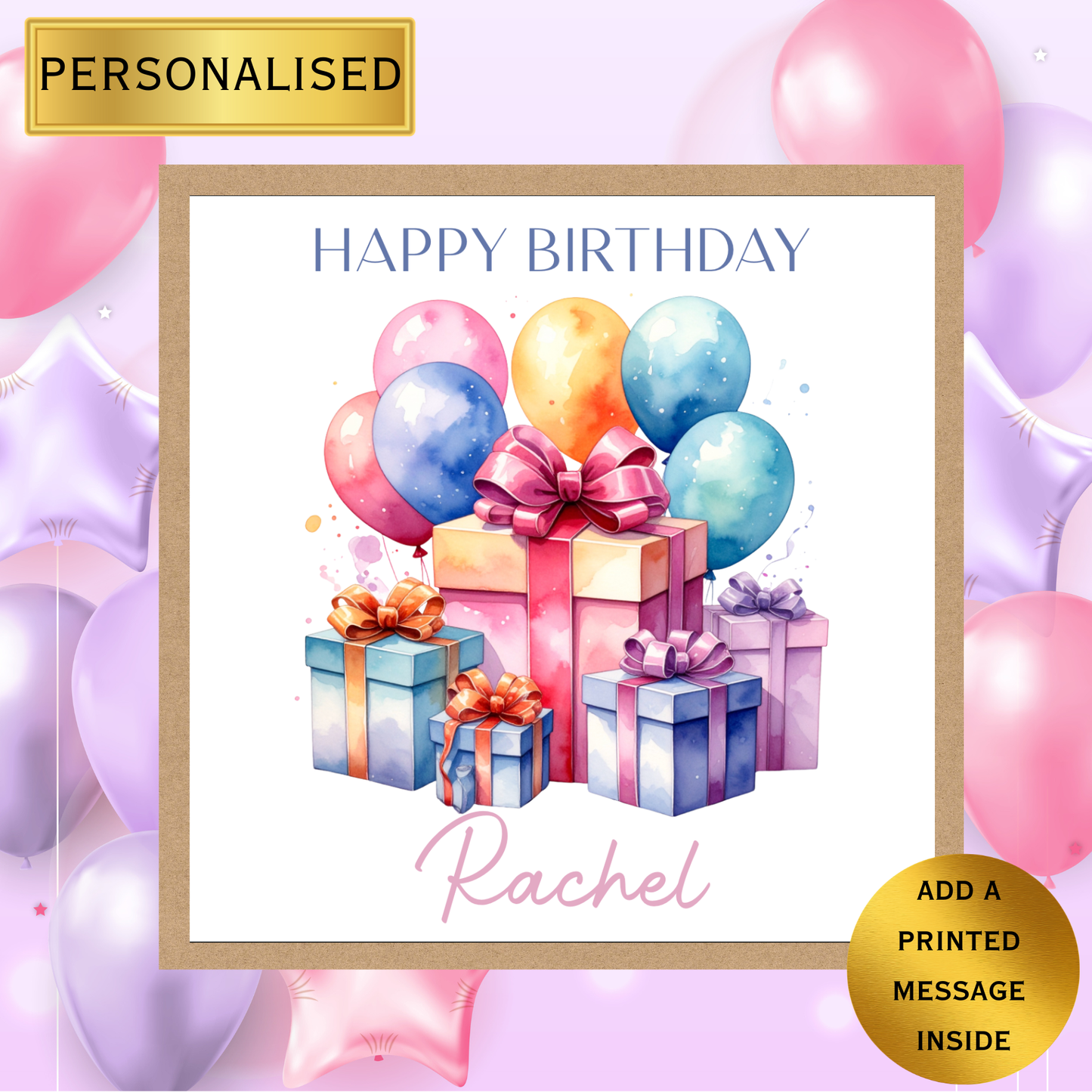 Personalised Birthday Card with Name – Balloons & Presents Design – Any Name, Any Age – Printed Message Inside Option – Cute Custom Birthday Card for Friends & Family
