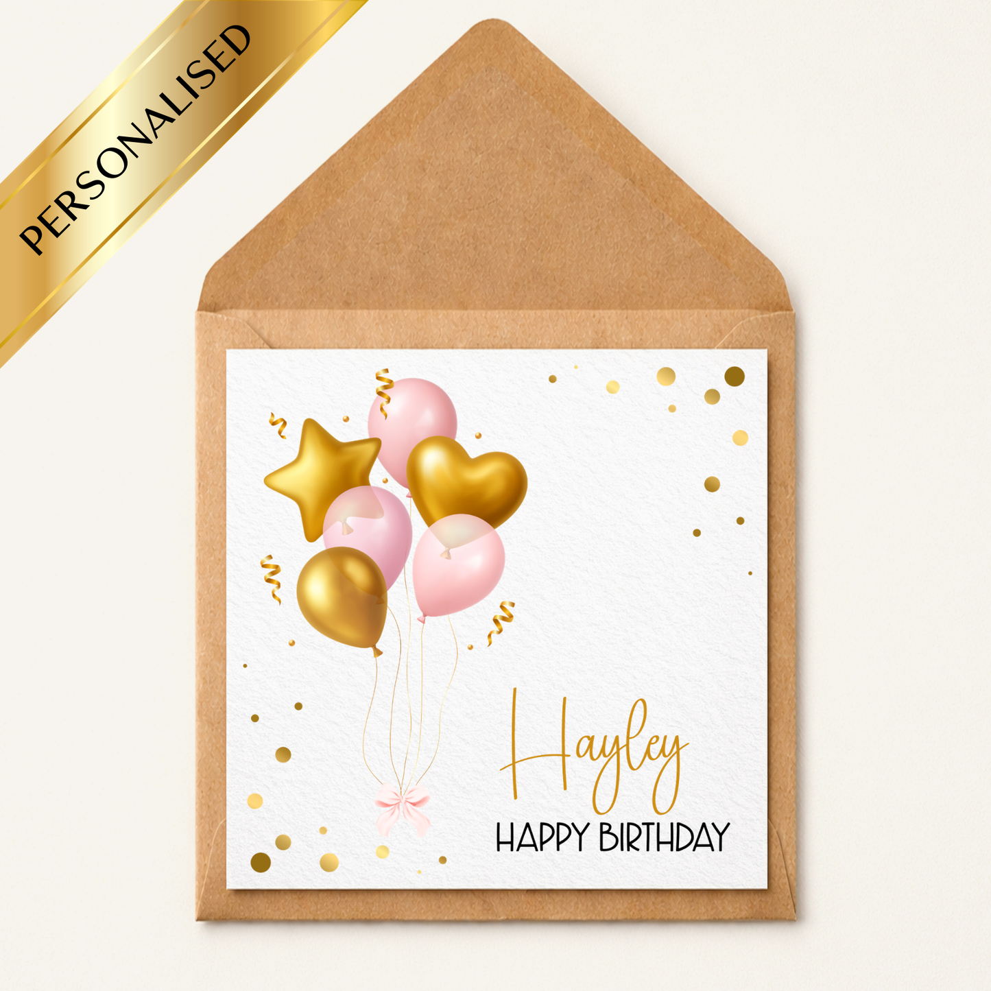 Personalised Birthday Card with Balloons | Custom Name Birthday Card | Pink & Gold Balloon Birthday Card | Personalised Happy Birthday Card for Her