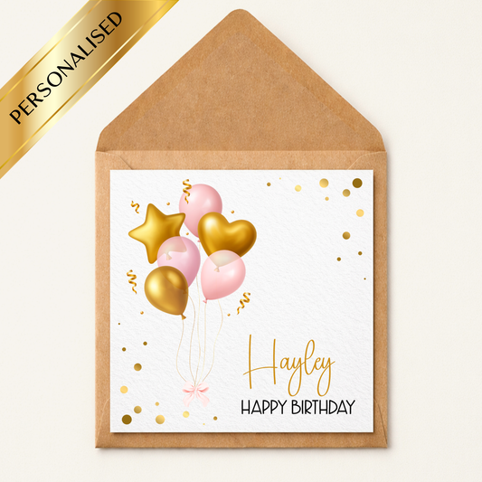 Personalised Birthday Card with Balloons | Custom Name Birthday Card | Pink & Gold Balloon Birthday Card | Personalised Happy Birthday Card for Her
