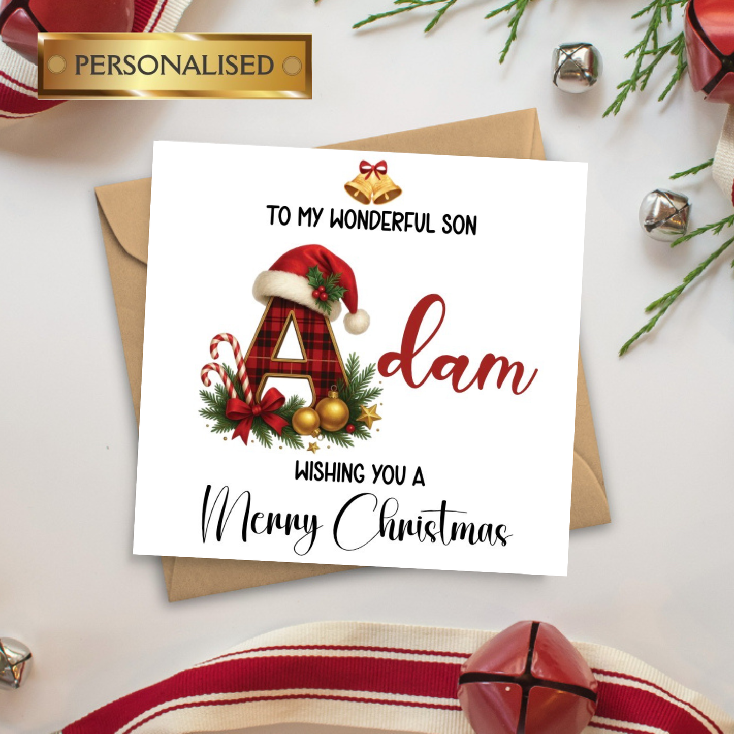 Personalised Christmas Card: Festive Name Card for Friends and Family | Personalised Christmas Card with Custom Name Initial Festive Card