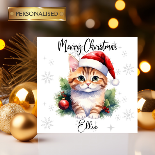 Personalised Christmas Card – Cute Kitten in Santa Hat | Custom Name | Festive Holiday Card