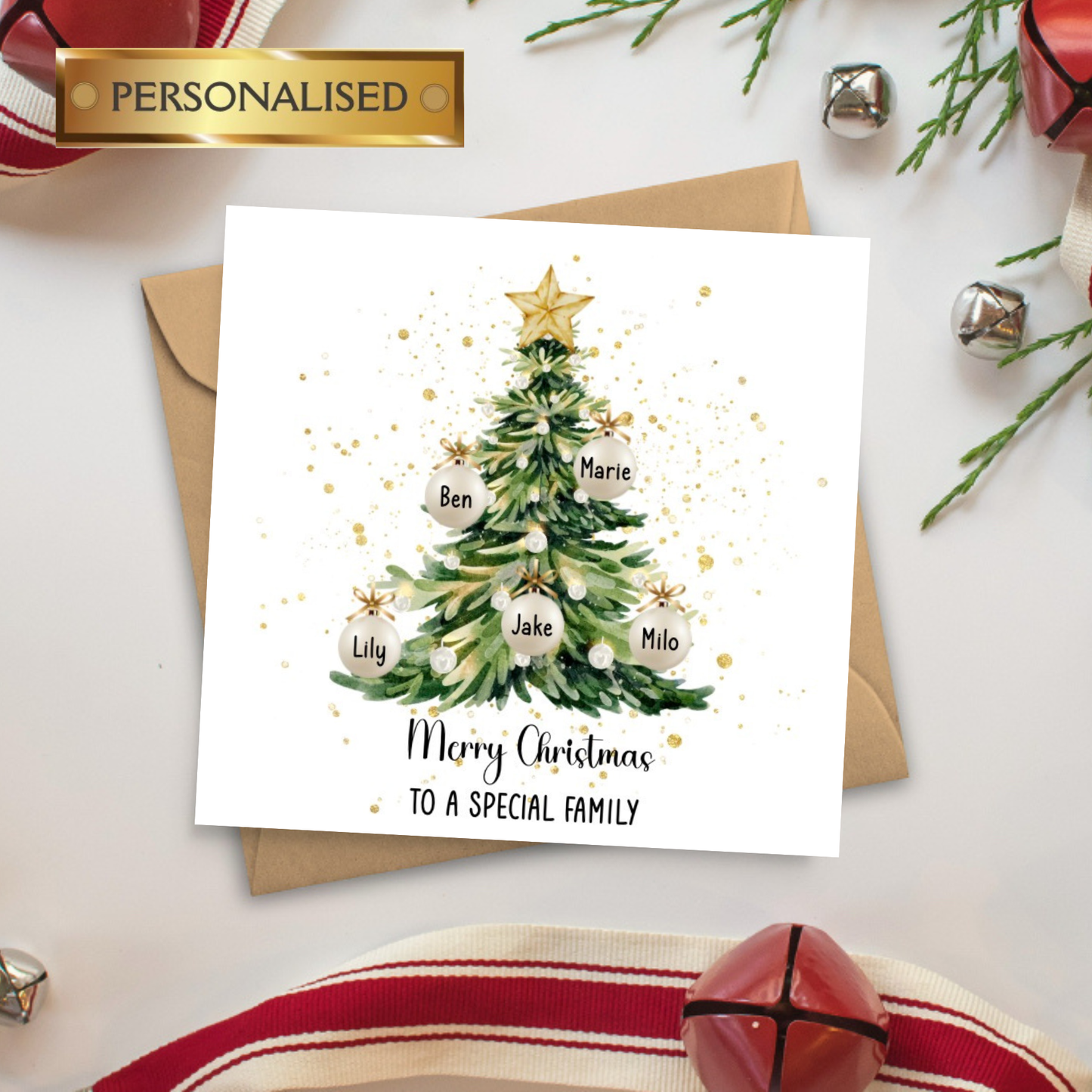 Personalised Family Christmas Card – Custom Names Christmas Tree Card, Special Family Xmas Card, Personalised Bauble Tree Card for Families