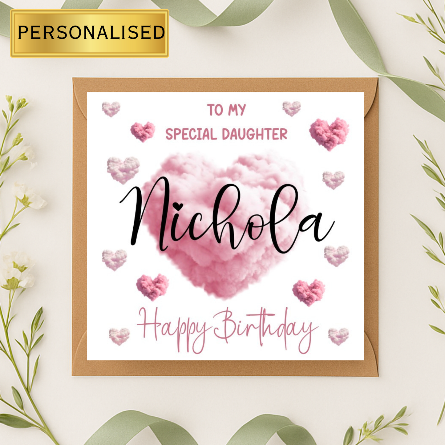 Personalised Birthday Card • Custom Name Birthday Card • Pink Cloud Heart Card • Any Relative Card • Handmade Greeting Card