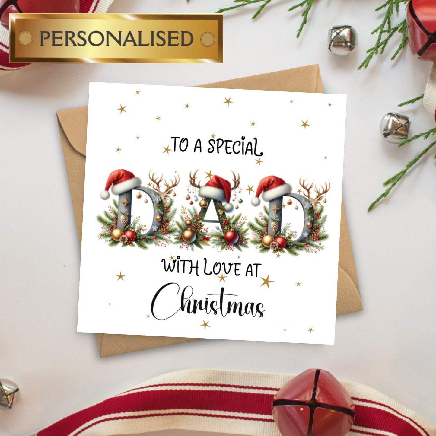 Personalised Dad Christmas Card – To a Special Dad with Love at Christmas – Festive Reindeer & Santa Hat Design – Christmas Card for Him
