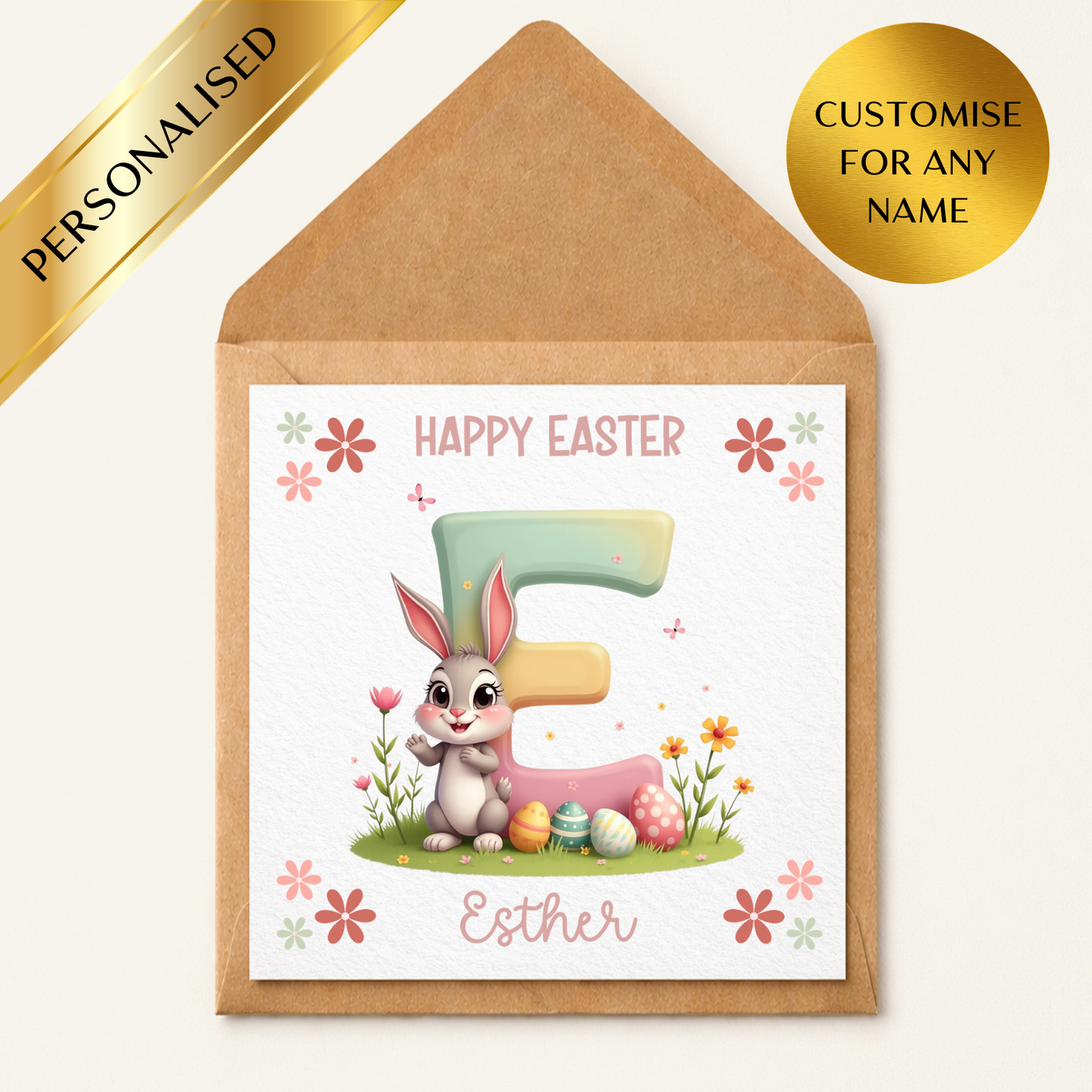 Personalised Easter Card for Kids | Bunny Initial Easter Card | Custom Name Easter Bunny Card | Cute Easter Rabbit Card | Children’s Easter Card