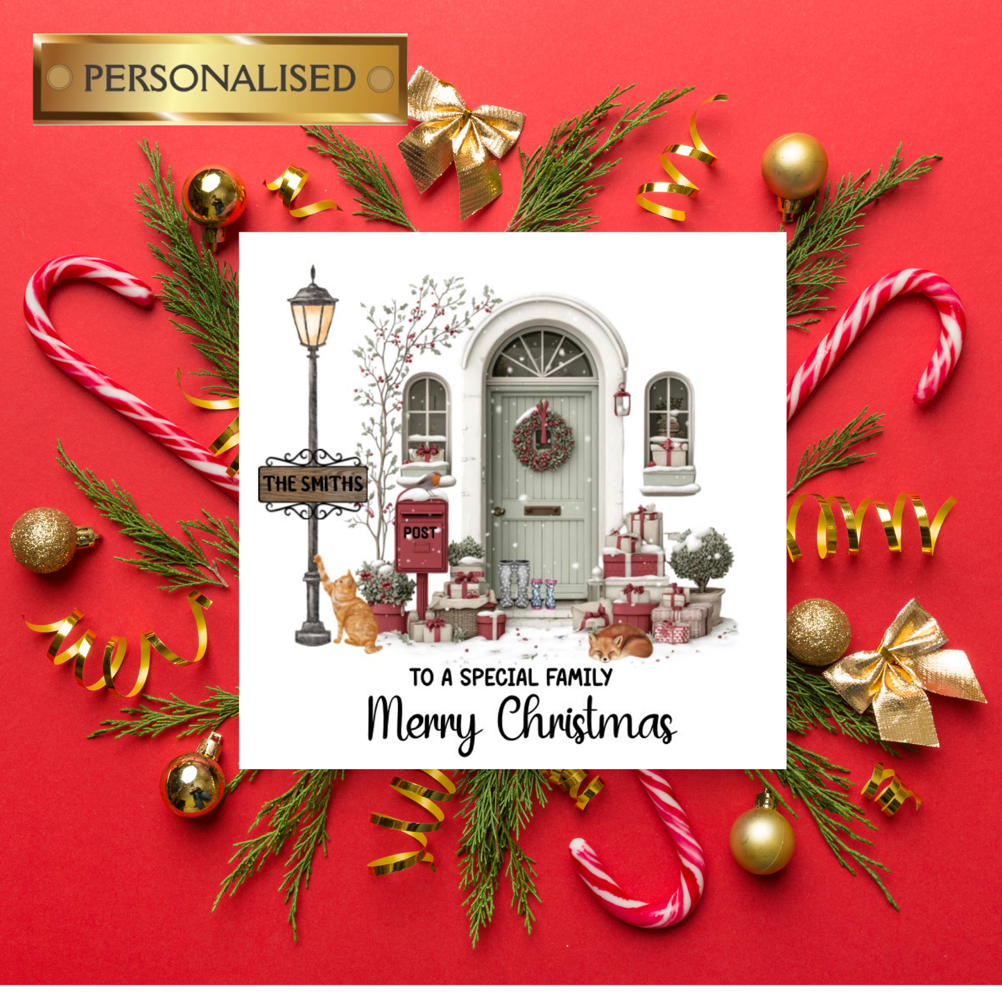 Personalised Family Name Christmas Card – Festive Doorstep Scene – Custom Family Christmas Card