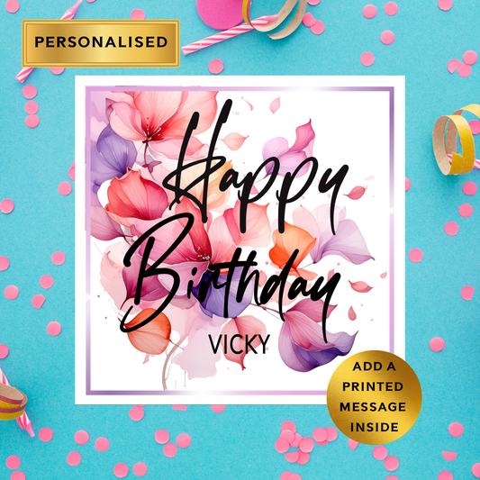Personalised Floral Birthday Card – Custom Name Birthday Card – Elegant Flower Birthday Card – Pretty Birthday Card for Her