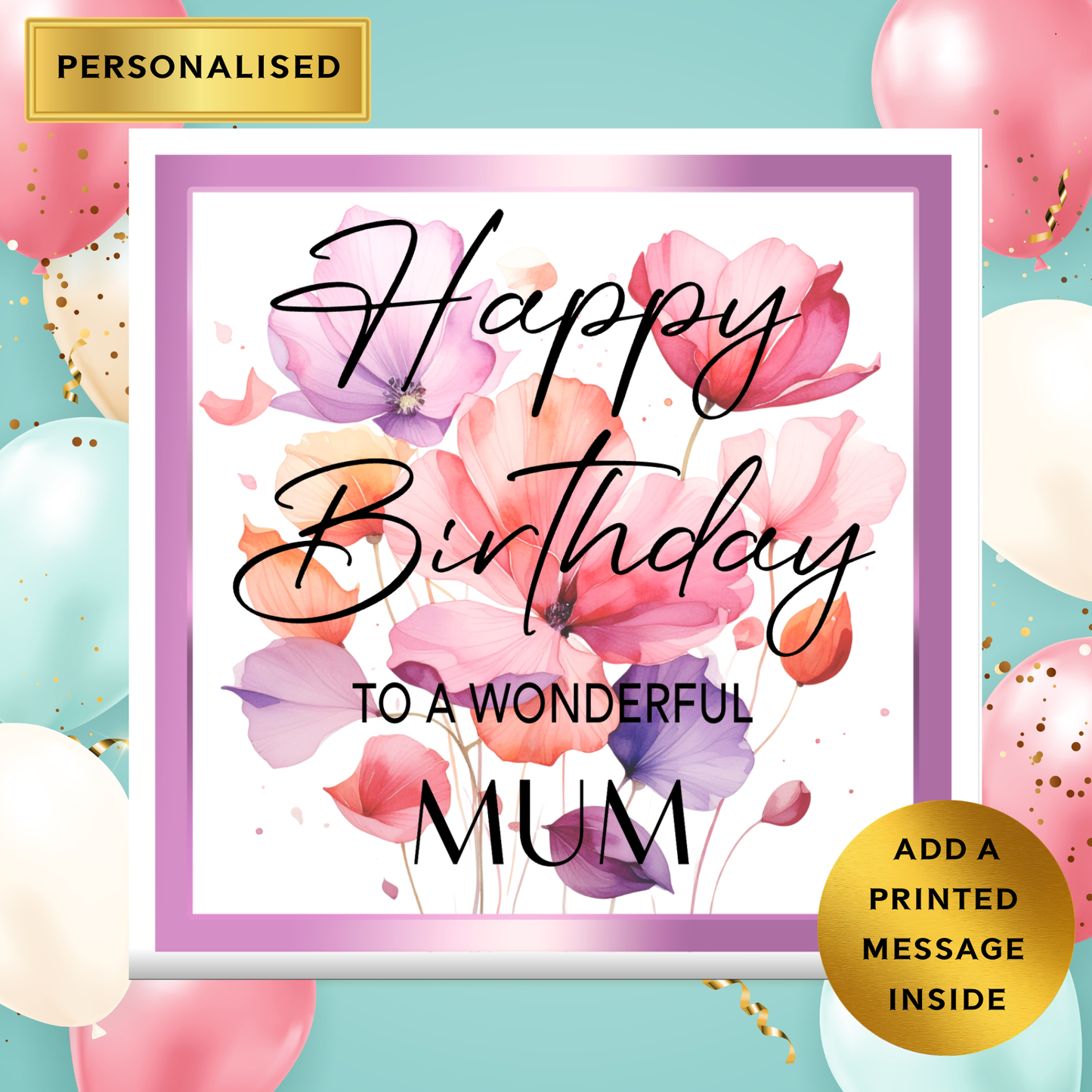Personalised Birthday Card – Custom Name Birthday Card – Elegant Flower Birthday Card – Pretty Birthday Card for Mum, Sister, Friend, Nan