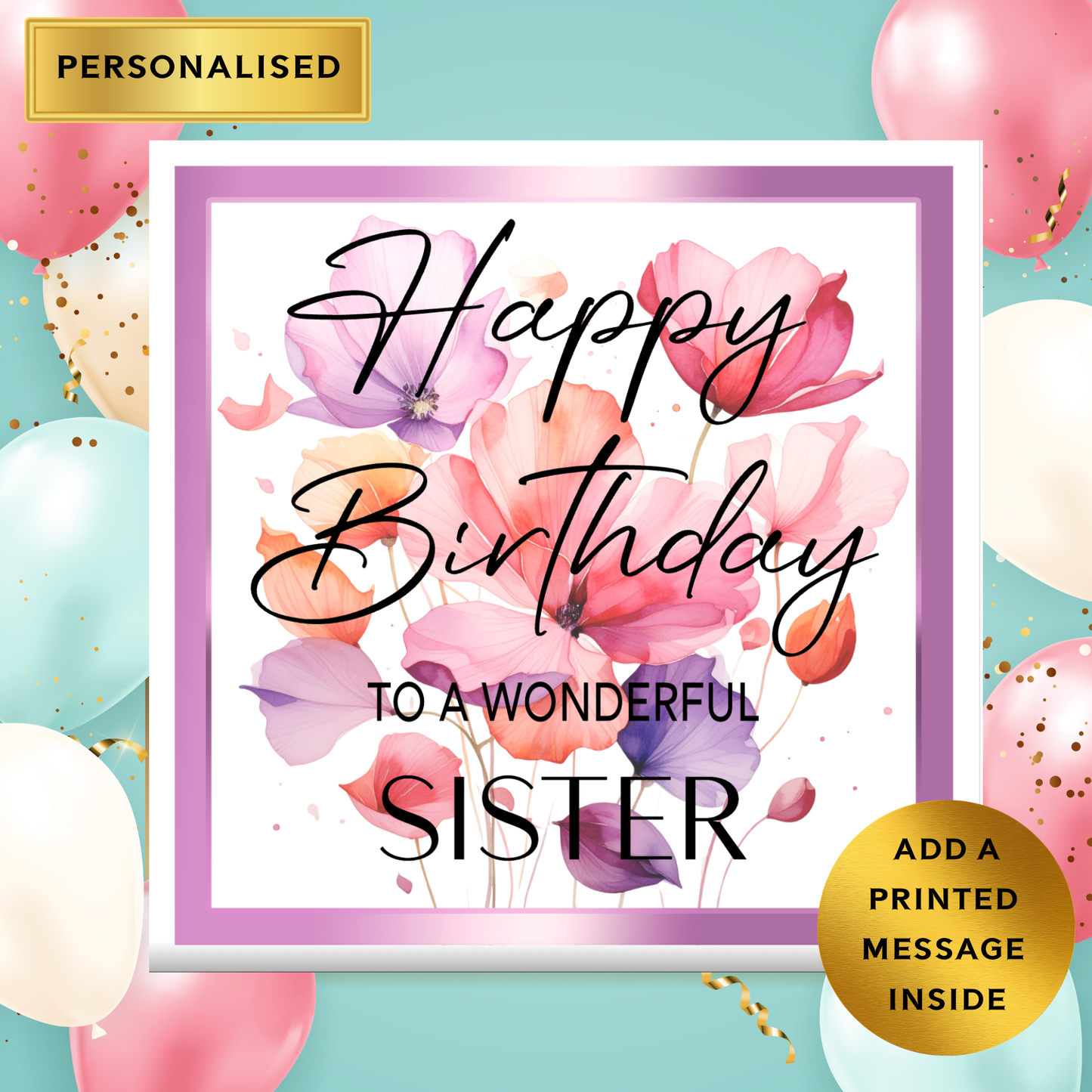 Personalised Birthday Card – Custom Name Birthday Card – Elegant Flower Birthday Card – Pretty Birthday Card for Mum, Sister, Friend, Nan