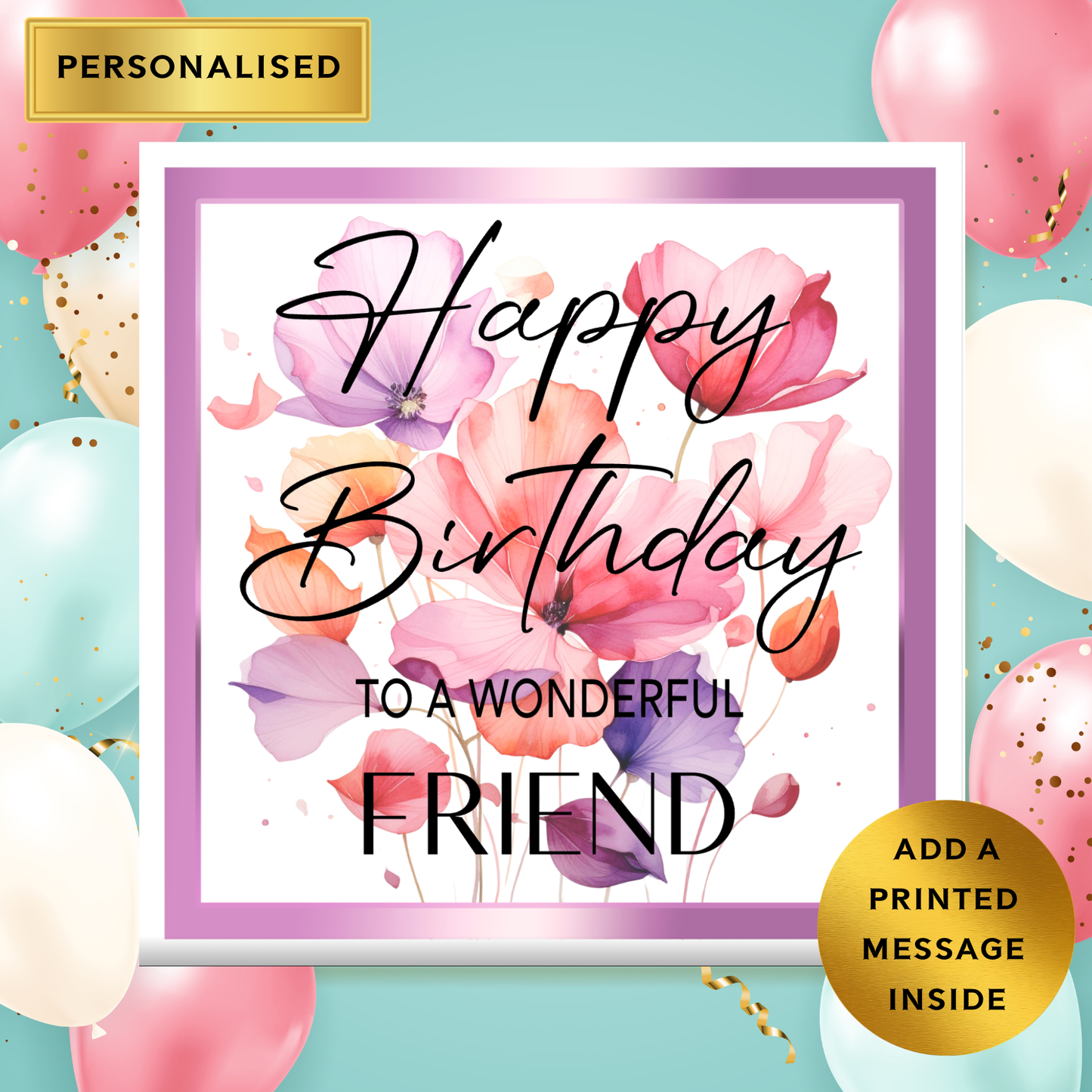 Personalised Birthday Card – Custom Name Birthday Card – Elegant Flower Birthday Card – Pretty Birthday Card for Mum, Sister, Friend, Nan