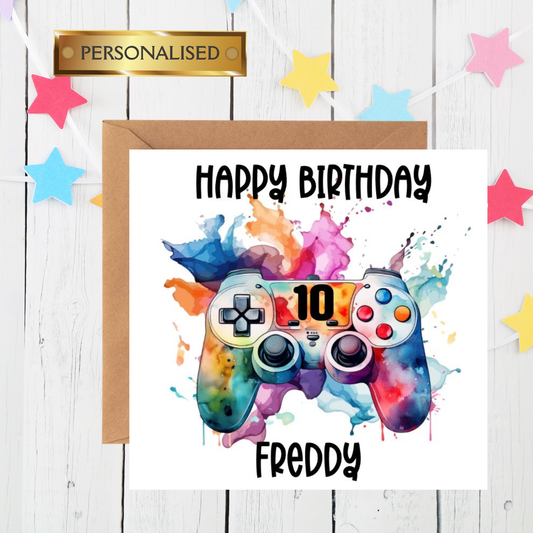Personalised Gamer Birthday Card | Custom Age & Name | Gaming Controller Watercolour