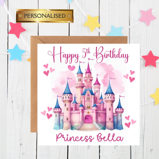Personalised Princess Birthday Card – Custom Name & Age | Fairy Tale Castle Card for Girls