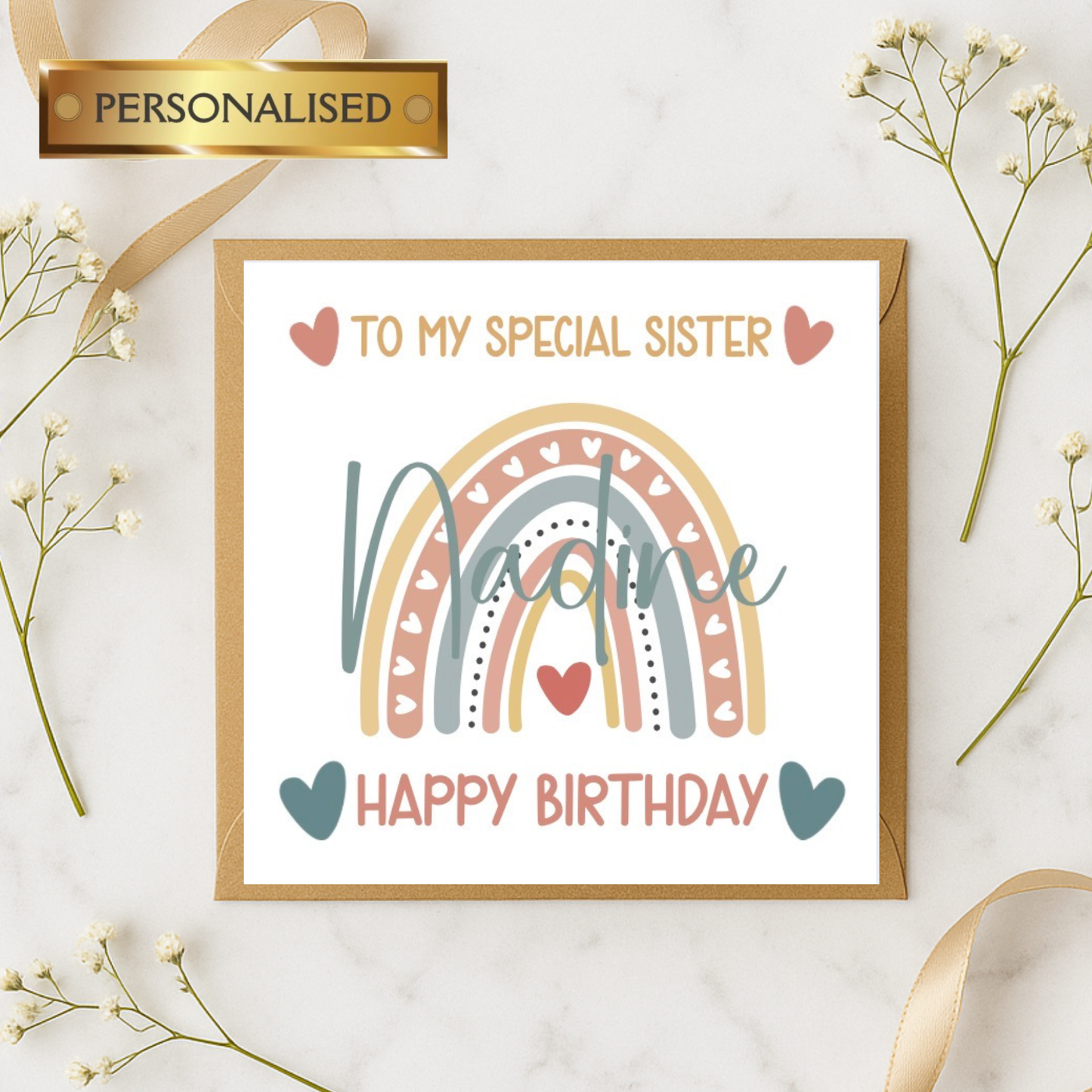 Personalised Rainbow Birthday Card for Any Relative – Custom Name Birthday Card for Aunty, Sister, Mum, Niece, Friend – Boho Heart Design